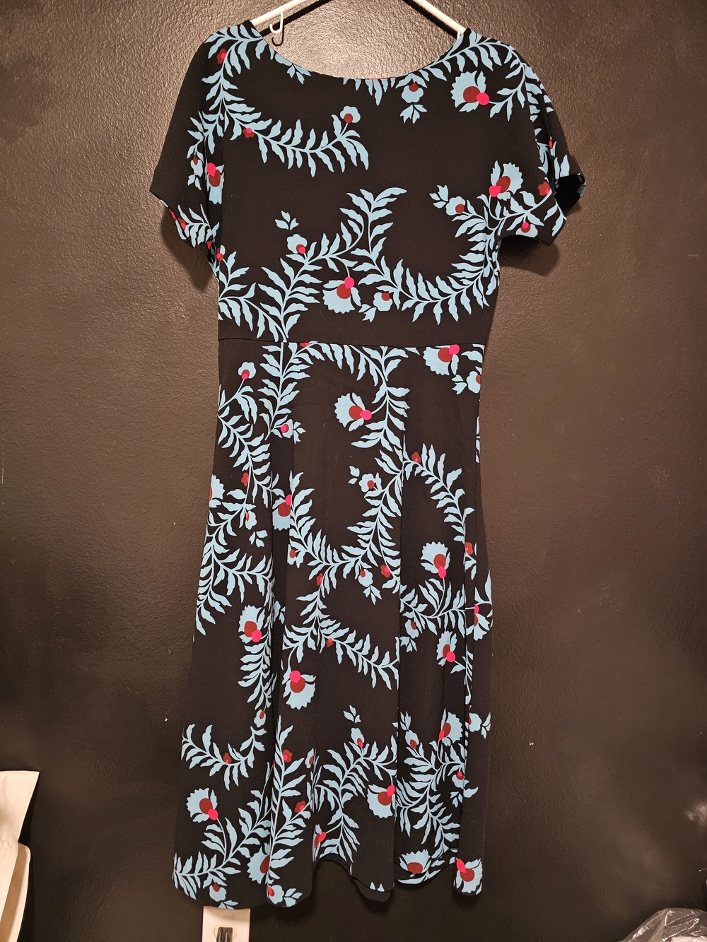 Boden Black Midi Dress with Light Blue Vine Print and Red Floral Accents